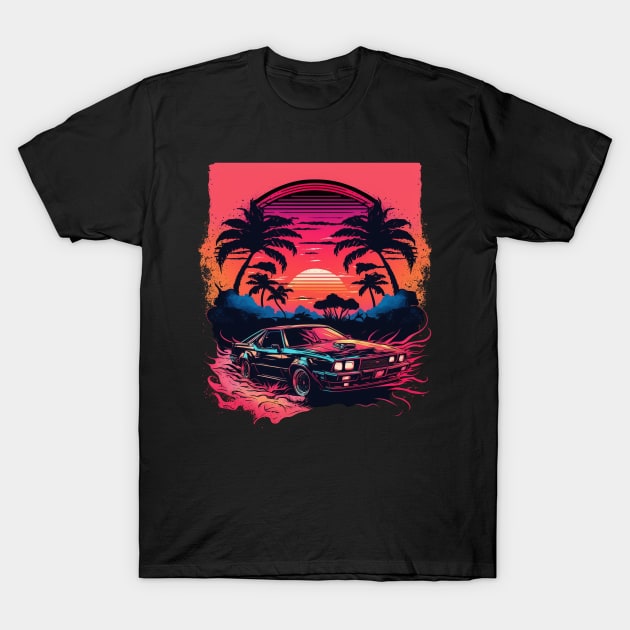 Retro Car in Synthwave Style T-Shirt by Snoe